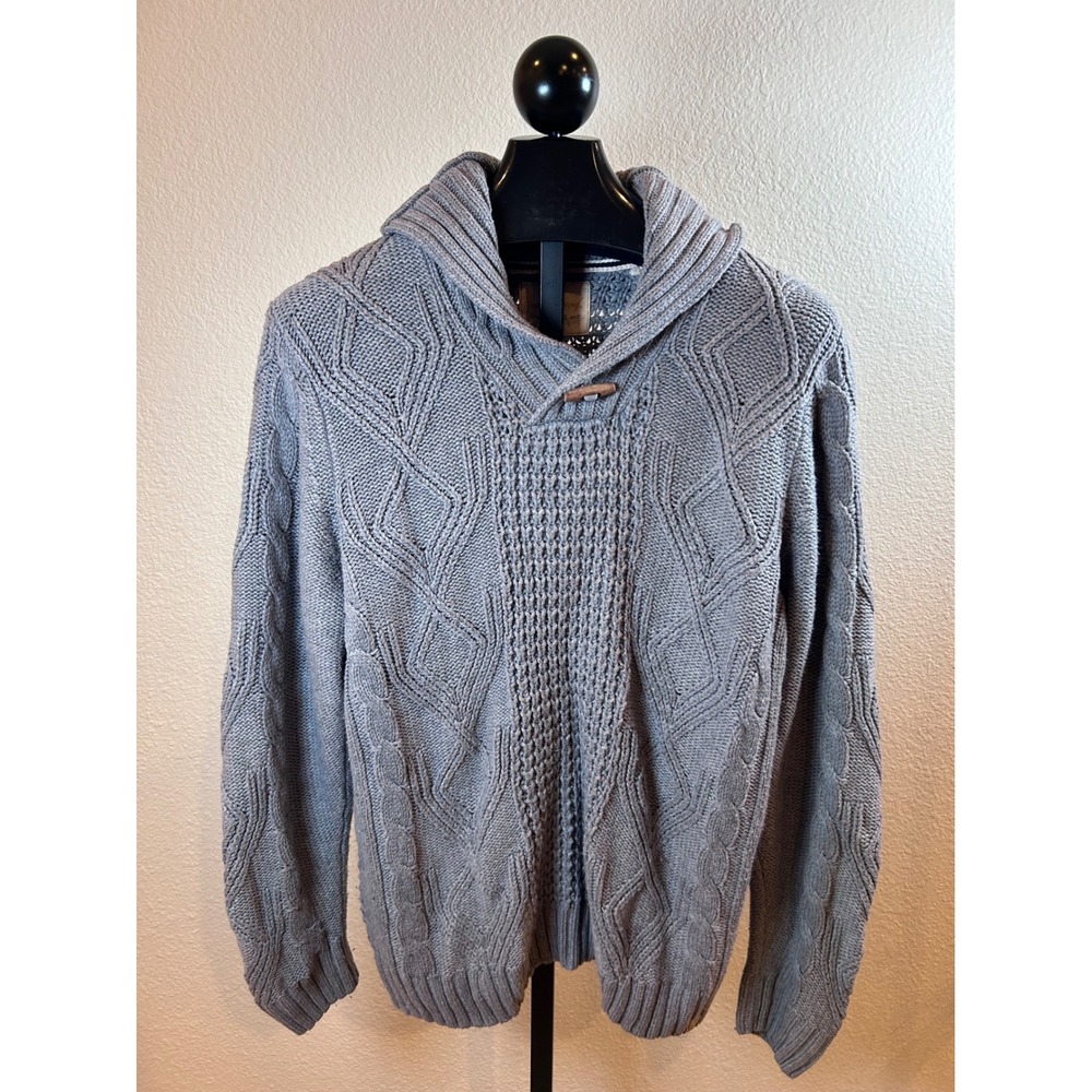 Weatherproof Vintage Mens XL Grey Cable Waffle Knit Shawl Collar Toggle Sweater